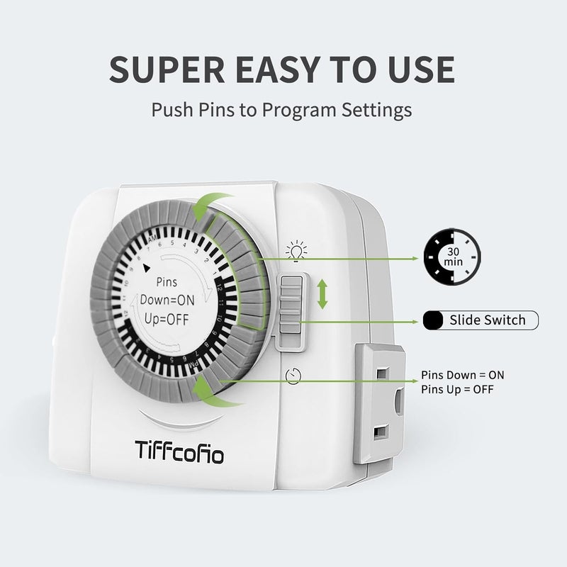 Tiffcofio Indoor Mechanical Outlet Timer, 3 Prong Timers for Electrical Outlets, 24-Hour Programmable Plug in Light Timer, ETL Listed (2 Outlets, 2 Packs) - Image 3